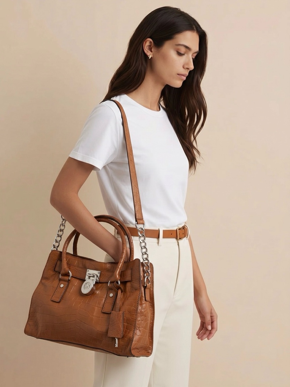 Michael Kors Classic Croc-Embossed Satchel Bag in Cognac EUC - Picture 1 of 10